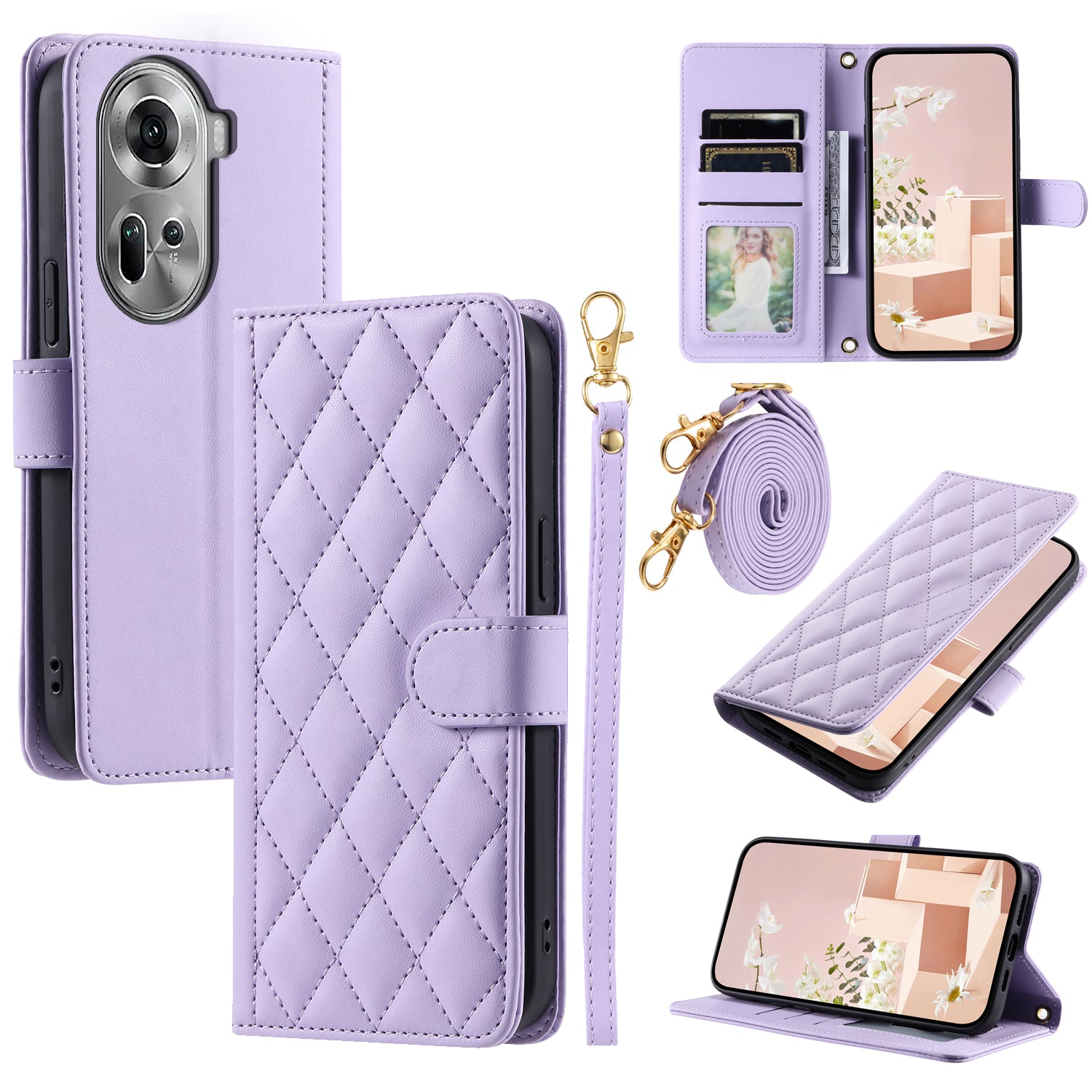 For Oppo Reno11 Pro 5G (Global) Case Chic Rhombus PU Leather Phone Cover with Shoulder Strap For Oppo Reno11 Pro 5G (Global) Case Chic Rhombus PU Leather Phone Cover with Shoulder Strap